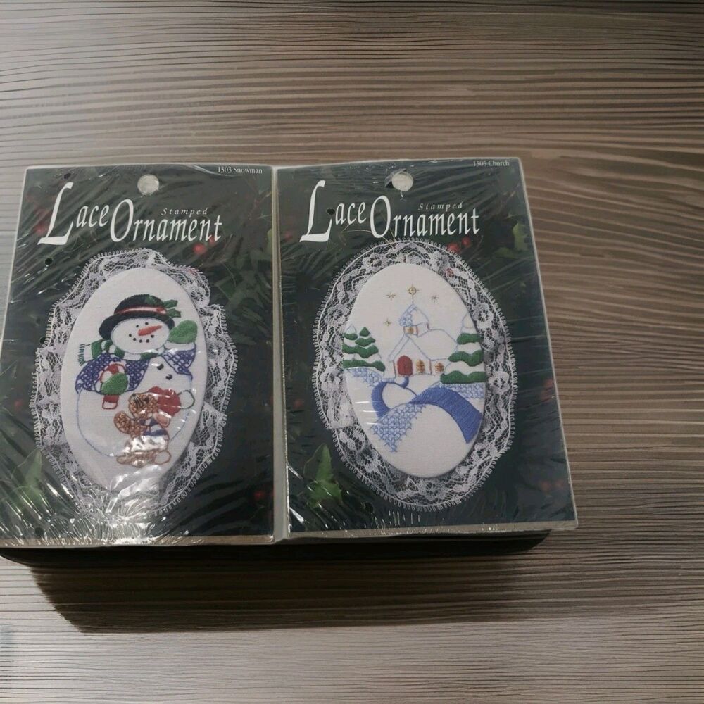 Lace Ornament Kits Stamped VTG 1990s Designs for the Needle Church Snowman NOS